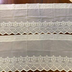 Pair Of Sheer French White Embroidered Valance Curtains 17.5 x 57 Made in France